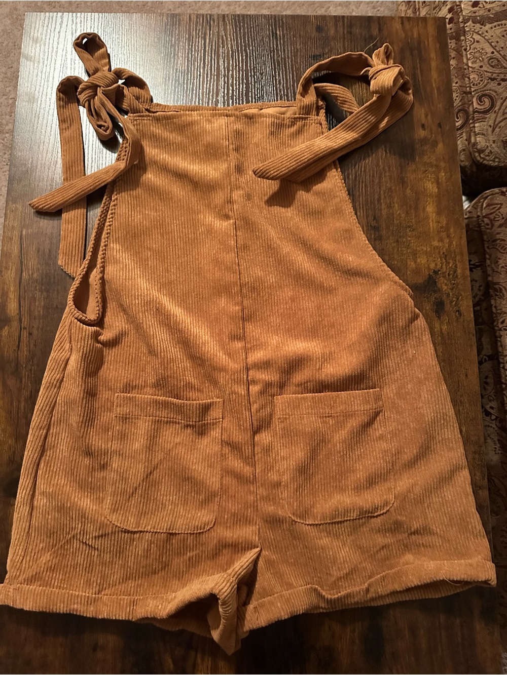 SHEIN Corduroy Tie-Shoulder Romper in Rust Brown